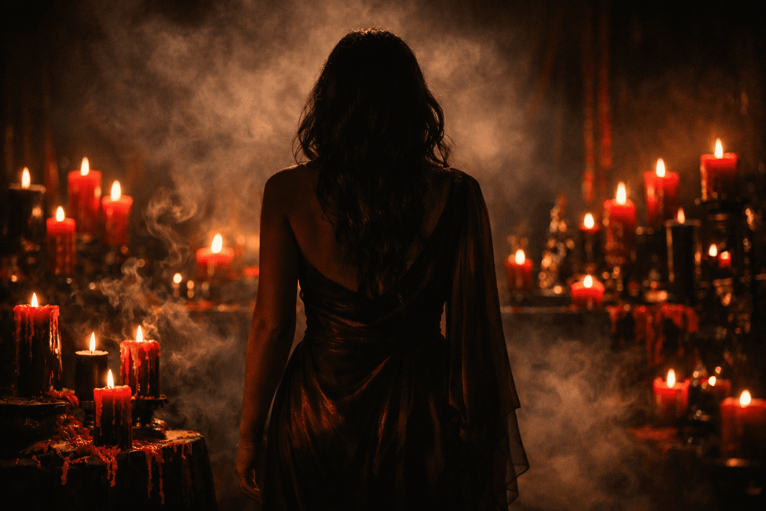Silhueta feminina diante de um altar de velas vermelhas